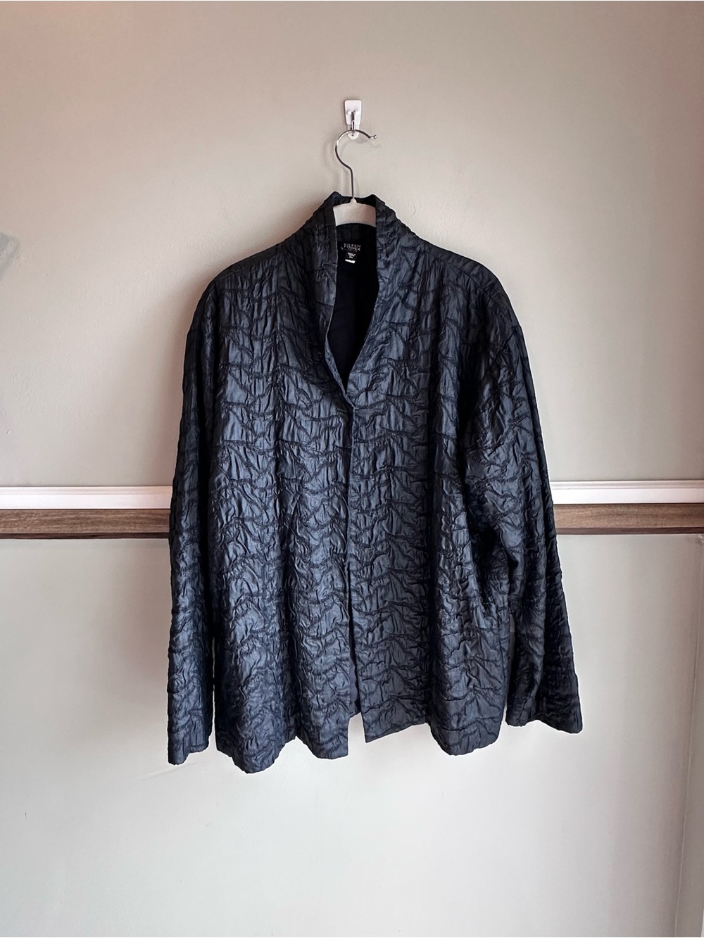 Eileen Fisher Jacket Black Tussah Silk Quilted Crinkle Open